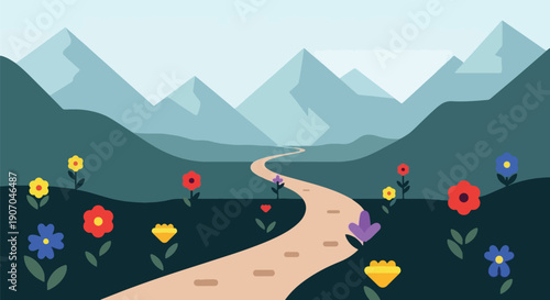 Path Through Mountains with Flowers - Landscape Design.