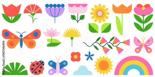 Vector spring design elements set. Geometric flowers, butterflies, bugs, rainbow, sun. Modern colorful illustration