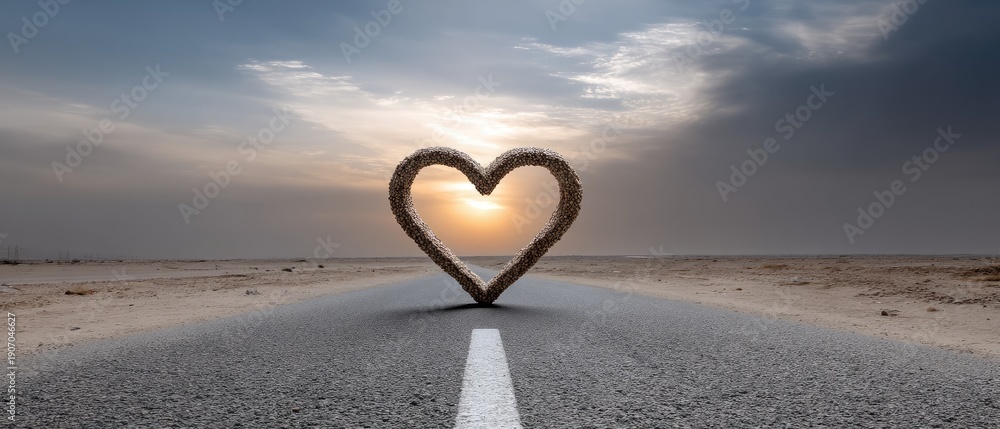 Fototapeta premium Dirt road leads to heart-shaped sunset with red clouds in fantasy style showing love in the evening sky above the open landscape