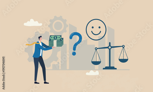 Money can, philosoph success dilemma, financial goal vs work life balance and enjoy life concept, businessman hand offer money to buy happiness smile face