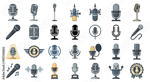 Collection of various stylized microphone illustrations, showcasing different designs and styles.