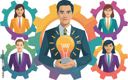Business leader holding light bulb, corporate teamwork inside gears, innovation management strategy, professional people vector illustration