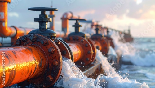 Industrial pipes discharging large volumes of water into the ocean at sunset.