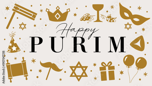 Happy Purim, Chag Purim Sameach greeting card with holiday symbols pattern. Vector design with carnival mask, hamentashen, raashan, cup of wine, carnival hat, Torah scroll, moustache, star David, gift