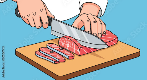 Chef Slicing Fresh Tuna on Cutting Board Seafood Preparation.