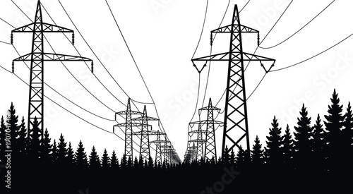 Perspective view of power line towers and pine trees against a white background electricity energy