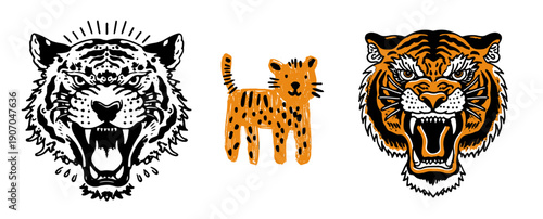  Set of 3x tigers and lions illustrations for logo or t-shirt print