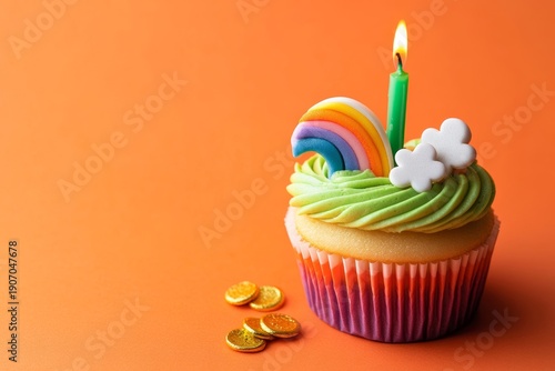 Rainbow-themed cupcake with candle on vibrant orange background