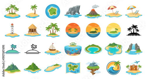 A collection of cartoon islands, including tropical, volcanic, and mountain landscapes, in various shapes and styles.