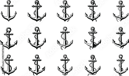 Nautical Anchor Icons Set Featuring Maritime Symbols, Vintage Hand Drawn Style, Sea And Ocean Elements, Sailor Design, And Editable Vector Illustration