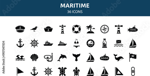 Maritime And Nautical Icon Set Featuring Sea, Ship, Anchor, Lighthouse, Navigation, Ocean Life, Sailing, And Editable Vector Symbols For Marine Design