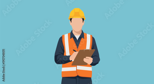 Construction Worker With Clipboard. Safety Inspection Engineer.