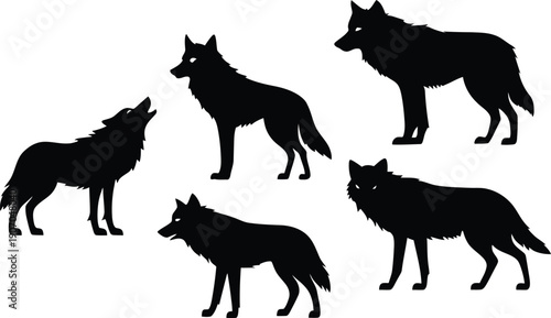 Set of wolf icon minimal vector art illustration on a white background.
