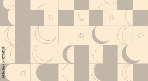 A pattern of moons and stars on squares.