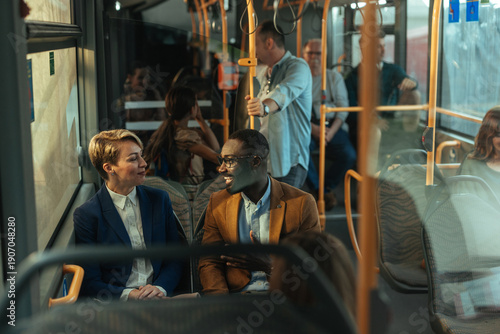 Photography Two professionals share a friendly conversation on a city bus during urban commu
