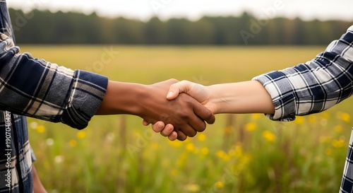 Handshake in a serene natural setting