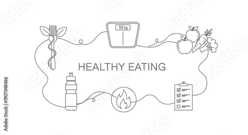 Vector illustration of healthy eating concept with food icons and fitness tracker for banner or poster, Isolated on transparent background, png