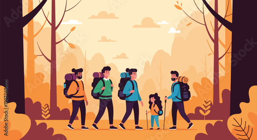 Family Hiking in Forest Nature Adventure Backpacking Trip.