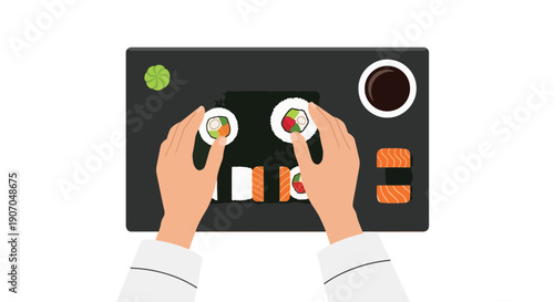 Sushi Chef Preparing Fresh Maki Rolls Japanese Cuisine.