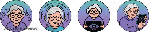 Senior Woman Using AI Technology – Elderly Female Tech Illustration Set
