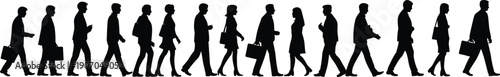 Flat vector illustration of business professionals walking in line with briefcases, teamwork concept, corporate office environment, workforce movement, urban commute