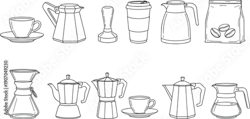 Coffee Brewing Equipment Line Icons Set Featuring Espresso Maker, French Press, Dripper, Cup, Grinder, And Barista Kitchen Tools Editable Vector Collection