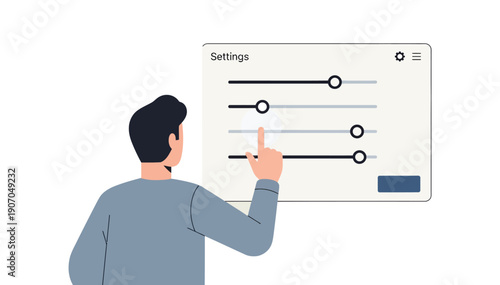 Man interacting with settings panel on a digital interface with multiple sliders and options available for customization purposes easily