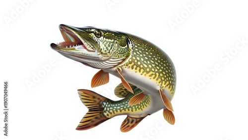 Two pike fish with open mouths jumping out of the water in a dynamic aquatic scene from a side viewpoint