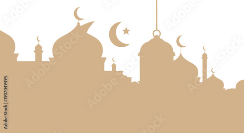 Islamic architecture silhouette with crescent moon.
