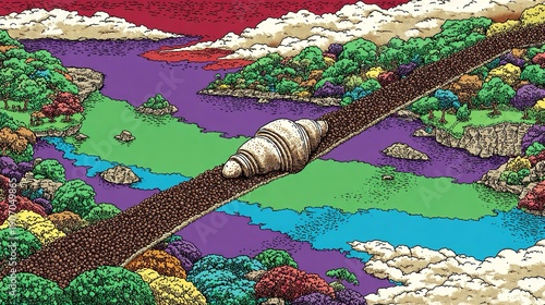 Un gigantesco croissant sopra una strada di caffè, che funge da ponte sopra un paesaggio irreale