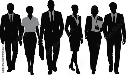 Flat vector illustration of diverse business professionals walking forward together, teamwork concept, corporate office environment, professional collaboration, success and leadership