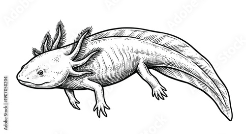 Illustration of an axolotl, a Mexican salamander, with its distinctive feathery gills and elongated body.