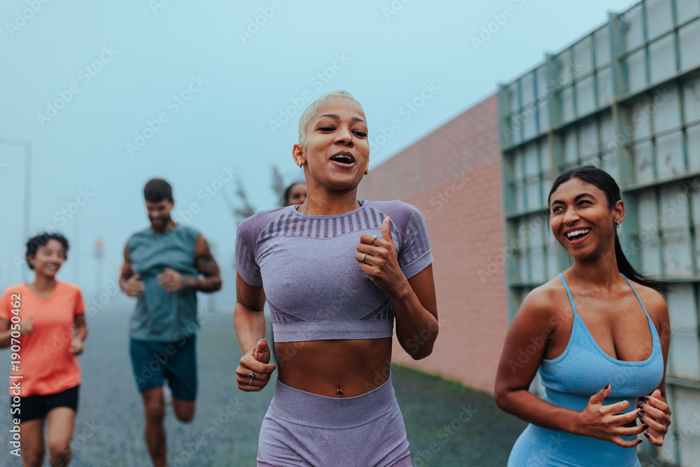 Naklejka premium Group of friends enjoying a lively outdoor fitness run with smiles and energy in the city