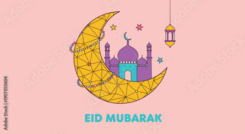 Eid al fitr - Selamat Hari Raya Idul Fitri Greeting Illustration In Flat Style Design, Flat illustration