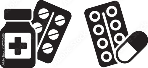 Black and White Pharmacy Medicine Icon Set Featuring Pill Bottle Blister Packs and Capsules for Healthcare Medical and Pharmaceutical Silhouette
