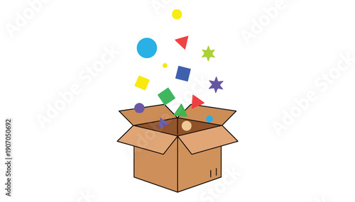 Open cardboard box with various colorful shapes and objects spilling out against a white background illustration
