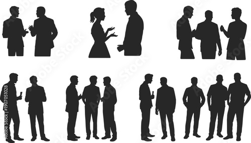 Flat vector illustration of people silhouettes engaged in conversation, teamwork concept, communication, corporate office environment, collaboration, social interaction, professional design