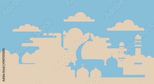 Desert cityscape silhouette with camel.