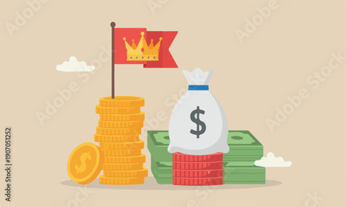 Cash is king is flag red pillars flag on red pillars or investor prepare cash to buy stock in economic crisis concept, stack of money dollar coins and money bag with precious king golden crown