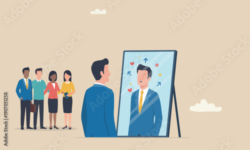Self acceptanc yourself, key to success, confidence and positive thinking, attitude or mindset for leader concept, confidence businessman appreciate his self reflection on mirror
