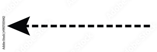 Black horizontal arrow pointing left with single dashed line tail isolated on white background for direction navigation and indicator sign symbol.