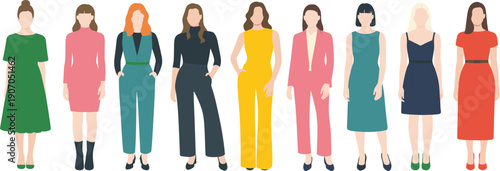 Flat vector illustration of diverse women standing in fashionable outfits, showcasing modern clothing styles, fashion diversity, individuality, beauty, elegance, confidence
