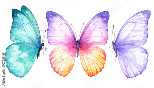 Watercolor illustration of three vibrantly colored butterflies in blue, purple, and orange hues