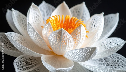 Intricate white lotus flower sculpture with vibrant orange center detailed craftsmanship.