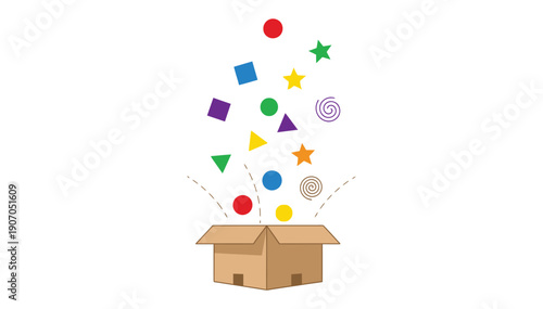 Vibrant cardboard box opening with colorful shapes and stars flying out in a joyful surprise moment