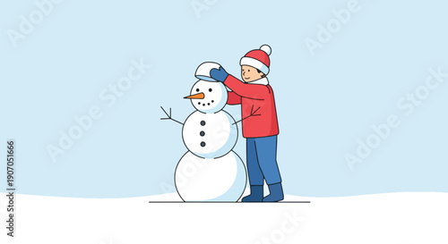 child hugging snowman in winter scene.