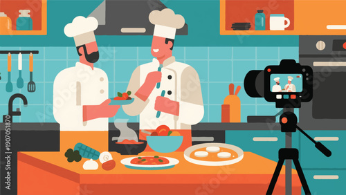 Illustration Of A Chef Teaching Traditional Cooking Via Live Streaming With His Camera In The Kitchen Vector Design Template
