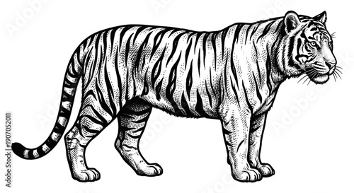 Illustration of a tiger standing in profile, showcasing its striped coat and powerful build.