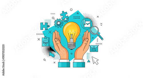 Vector illustration of hands holding lightbulb with icons and symbols, for idea or innovation concept, overlay effect for website or presentation isolated on White Background