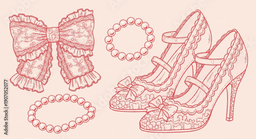 Hand drawn vector illustration of girly elements in pink themed featuring high heels, jewelry, and lace ribbon